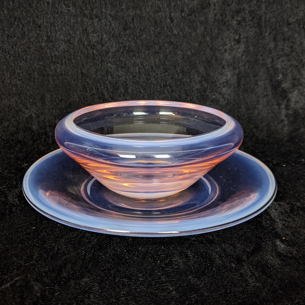 Vintage MCM Fostoria Glass Moonstone Opalescent condiment dish bowl under plate